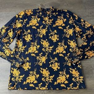 Ladmous Women’s Navy Blue Mustard Floral Mock Neck long Sleeve Blouse, sz XL